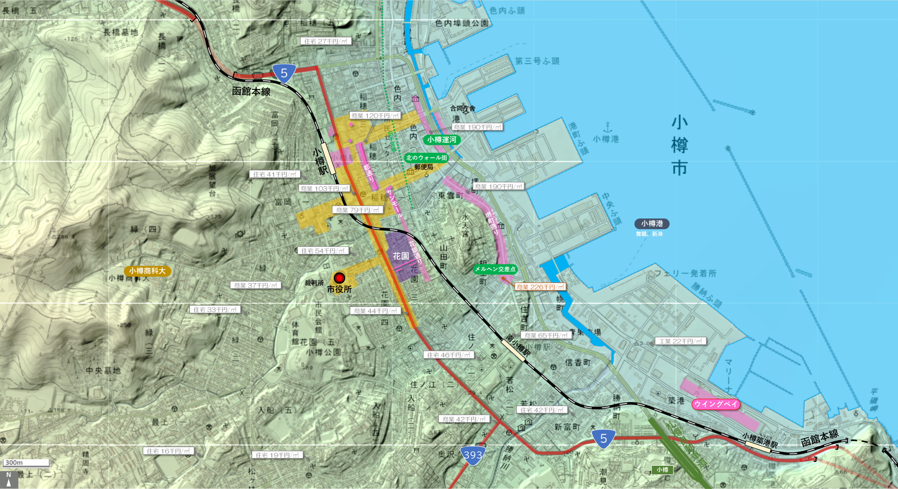 小樽のカタチ図 繁華街・ビジネス地区などを要約した地図