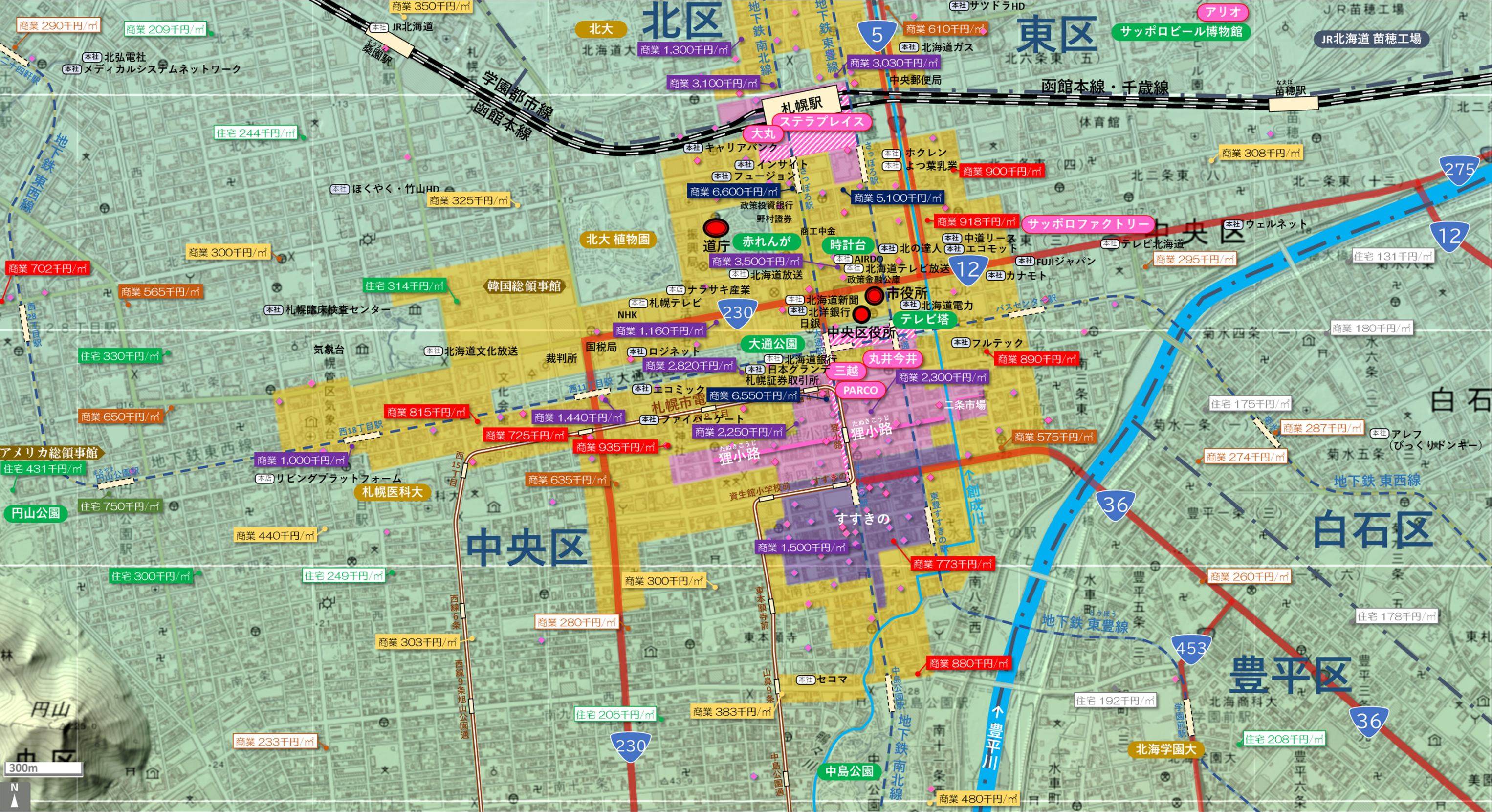 札幌中心部のカタチ図 繁華街・ビジネス地区などを要約した地図