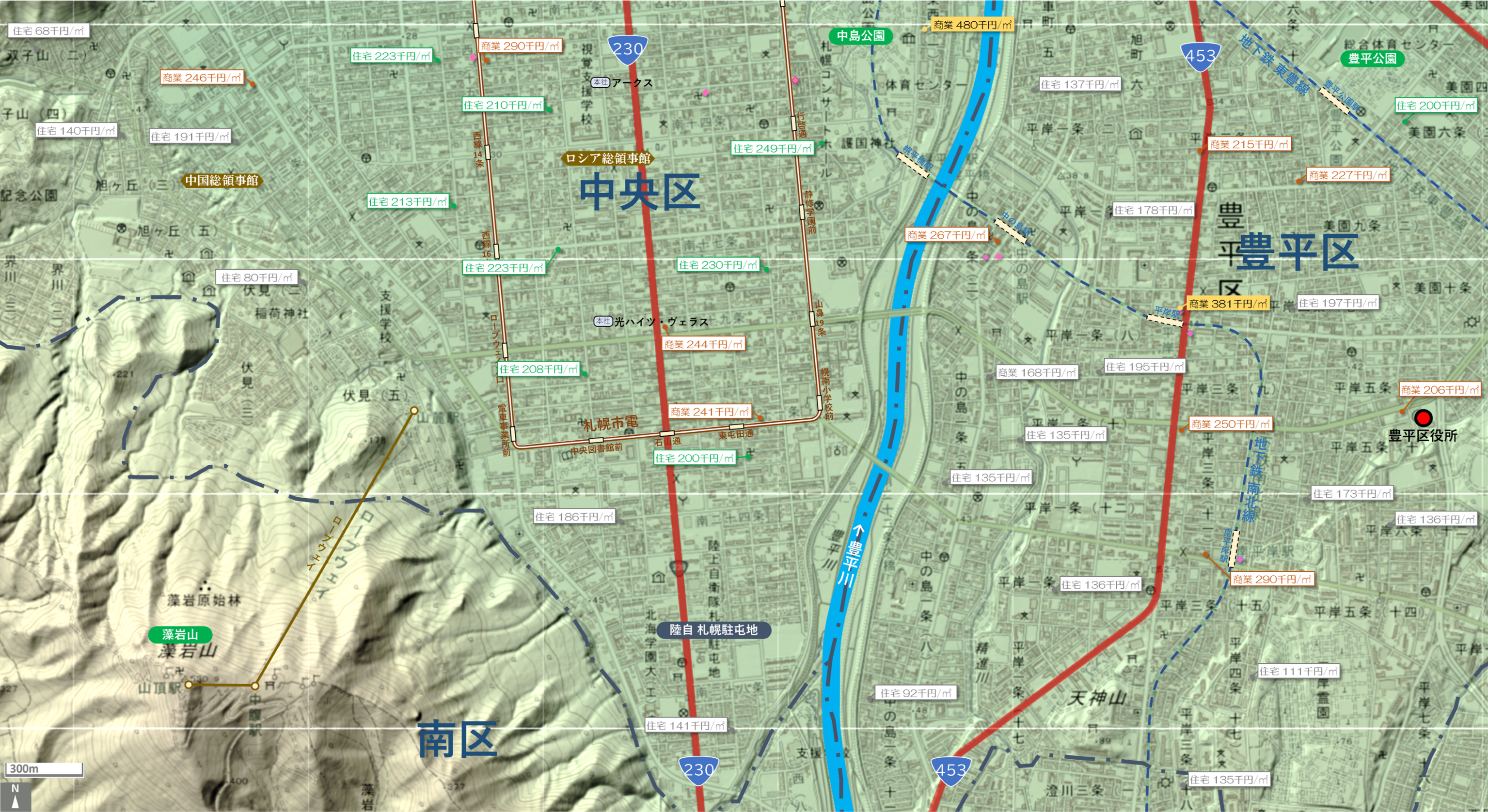 札幌平岸のカタチ図 繁華街・ビジネス地区などを要約した地図