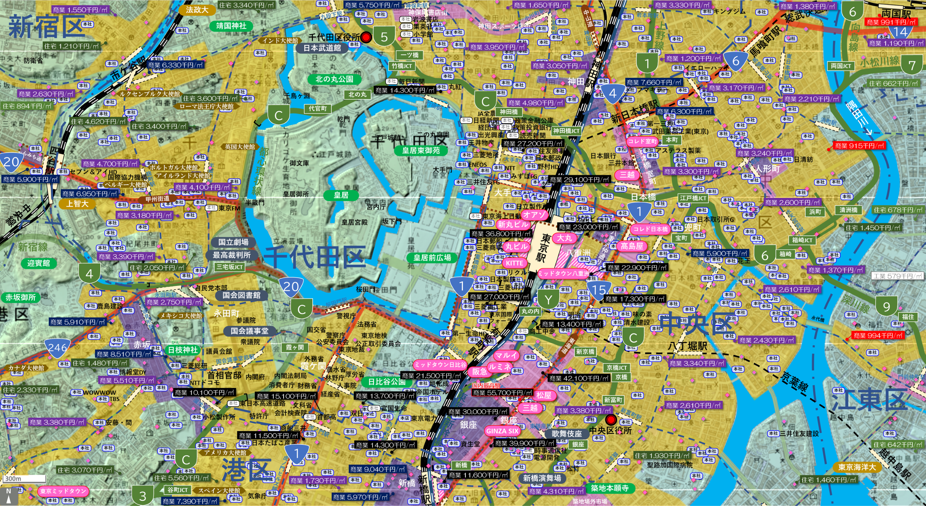 東京都心のカタチ図 繁華街・ビジネス地区などを要約した地図