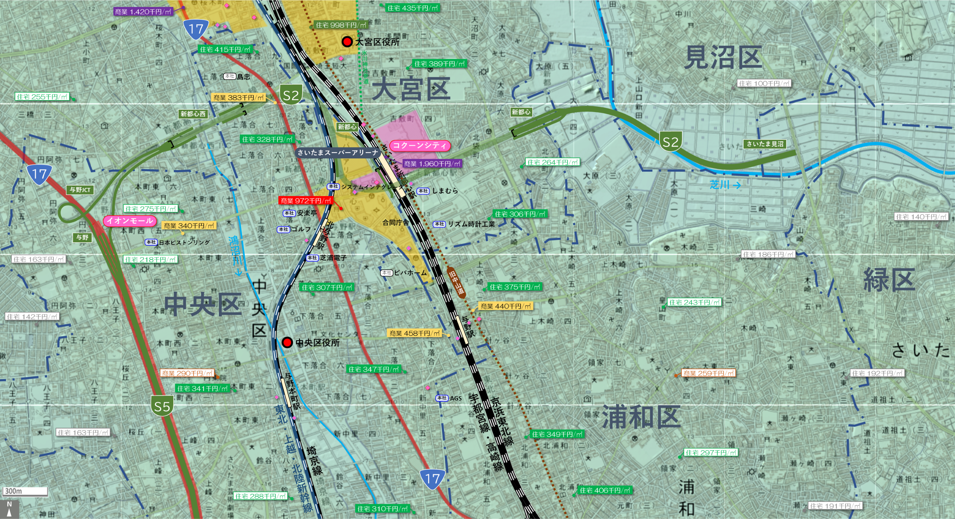 さいたま新都心のカタチ図 繁華街・ビジネス地区などを要約した地図
