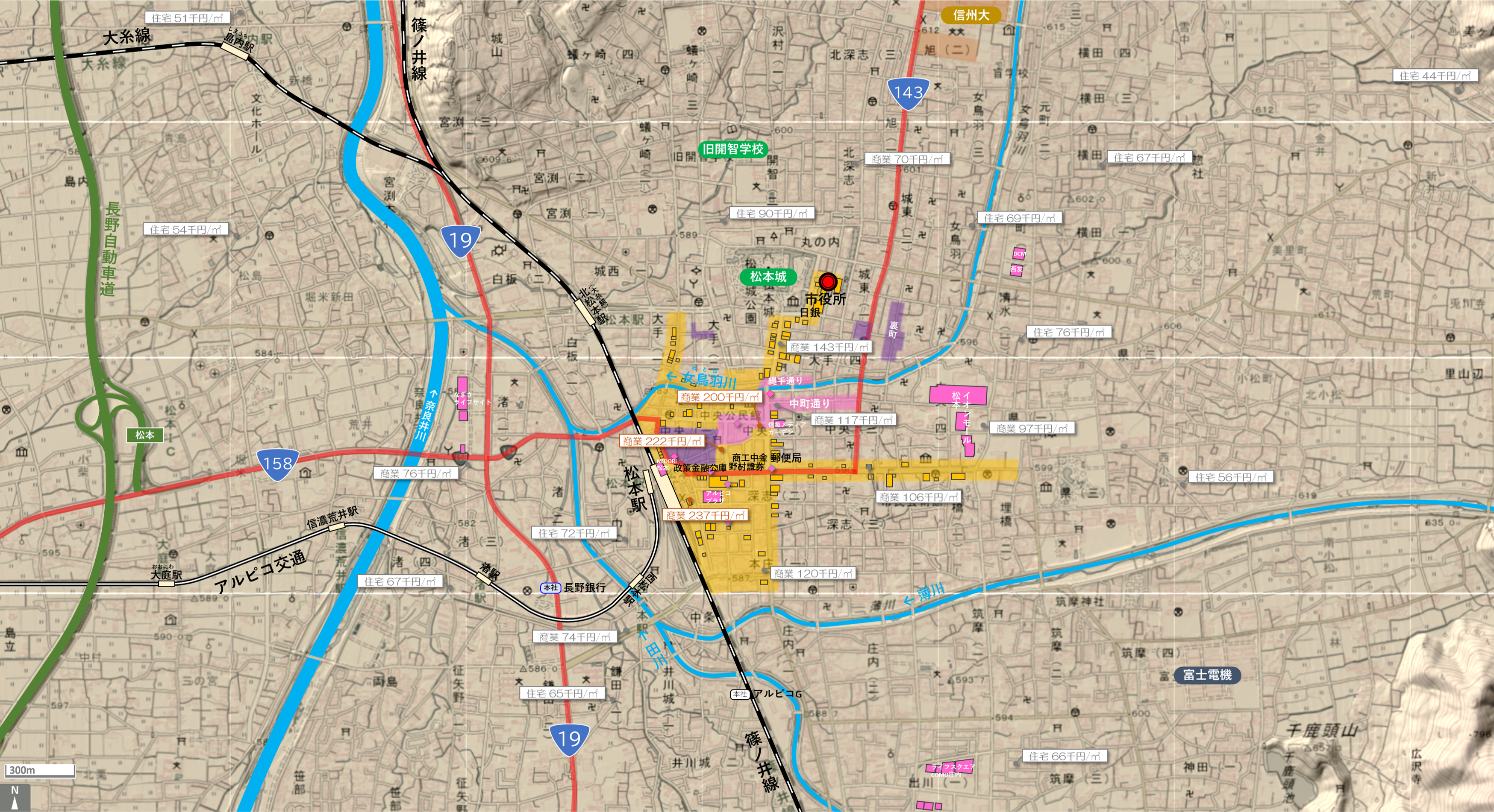 松本のカタチ図 繁華街・ビジネス地区などを要約した地図