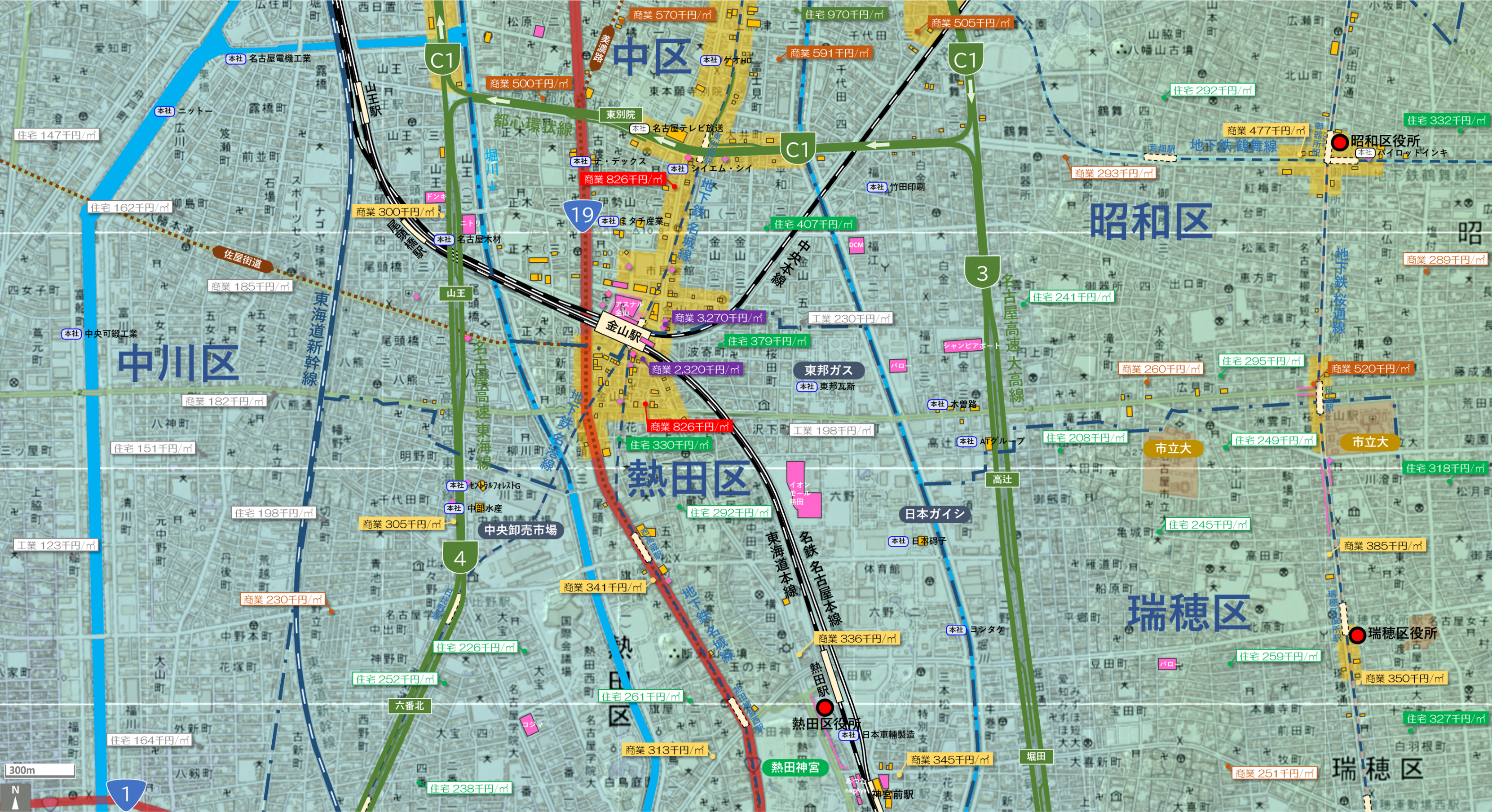 名古屋金山のカタチ図 繁華街・ビジネス地区などを要約した地図