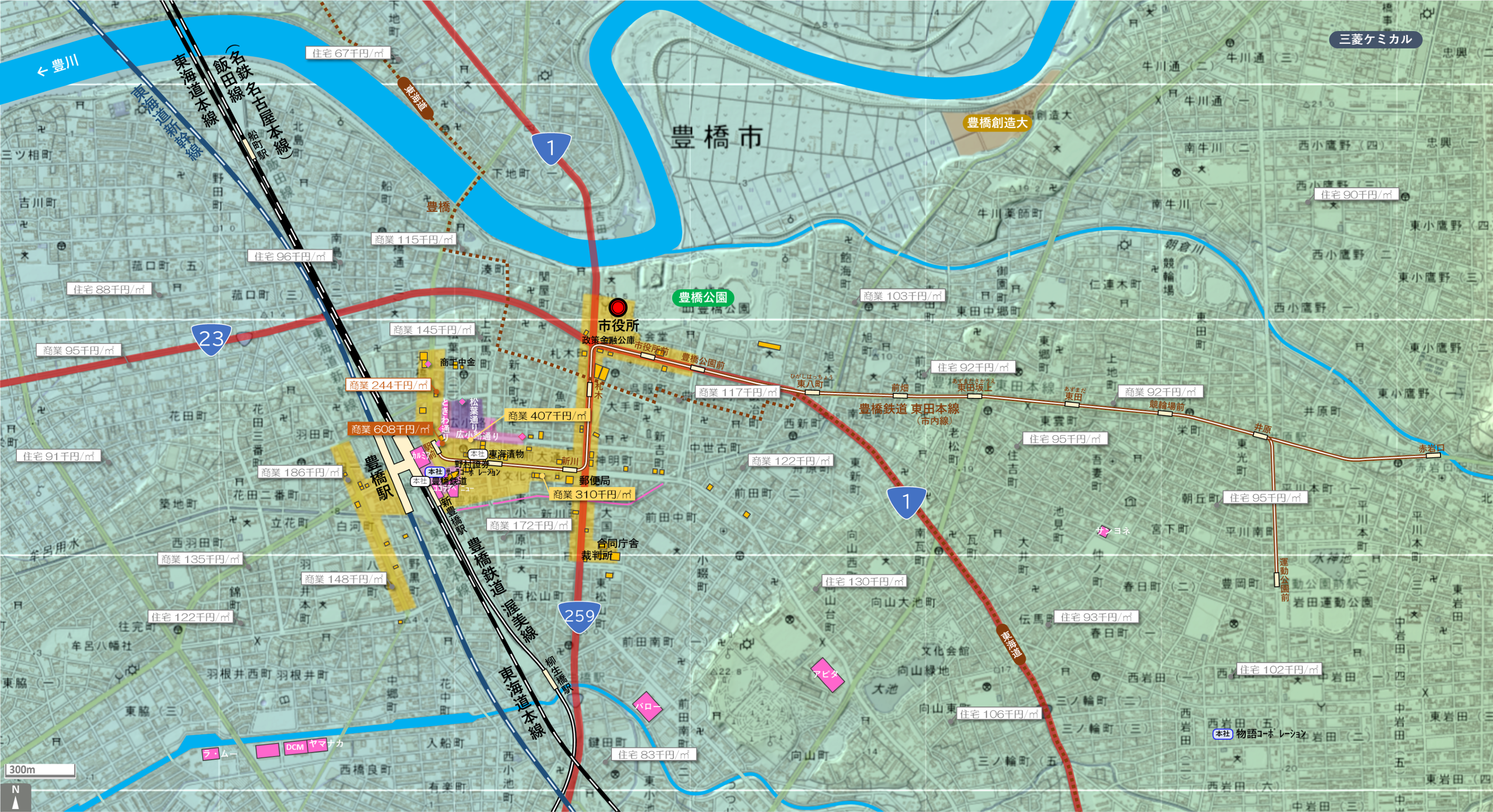 豊橋のカタチ図 繁華街・ビジネス地区などを要約した地図