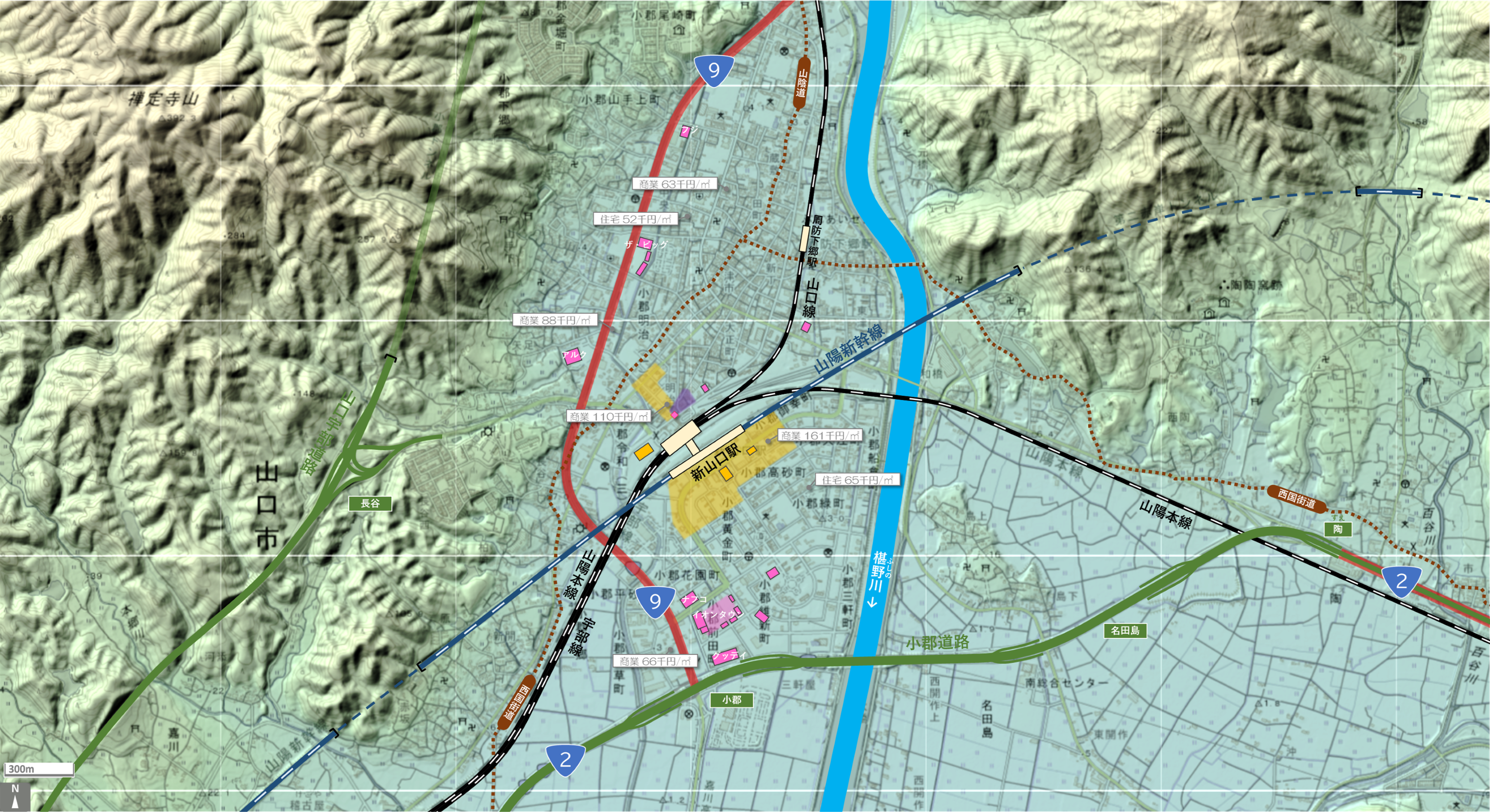 山口小郡のカタチ図 繁華街・ビジネス地区などを要約した地図