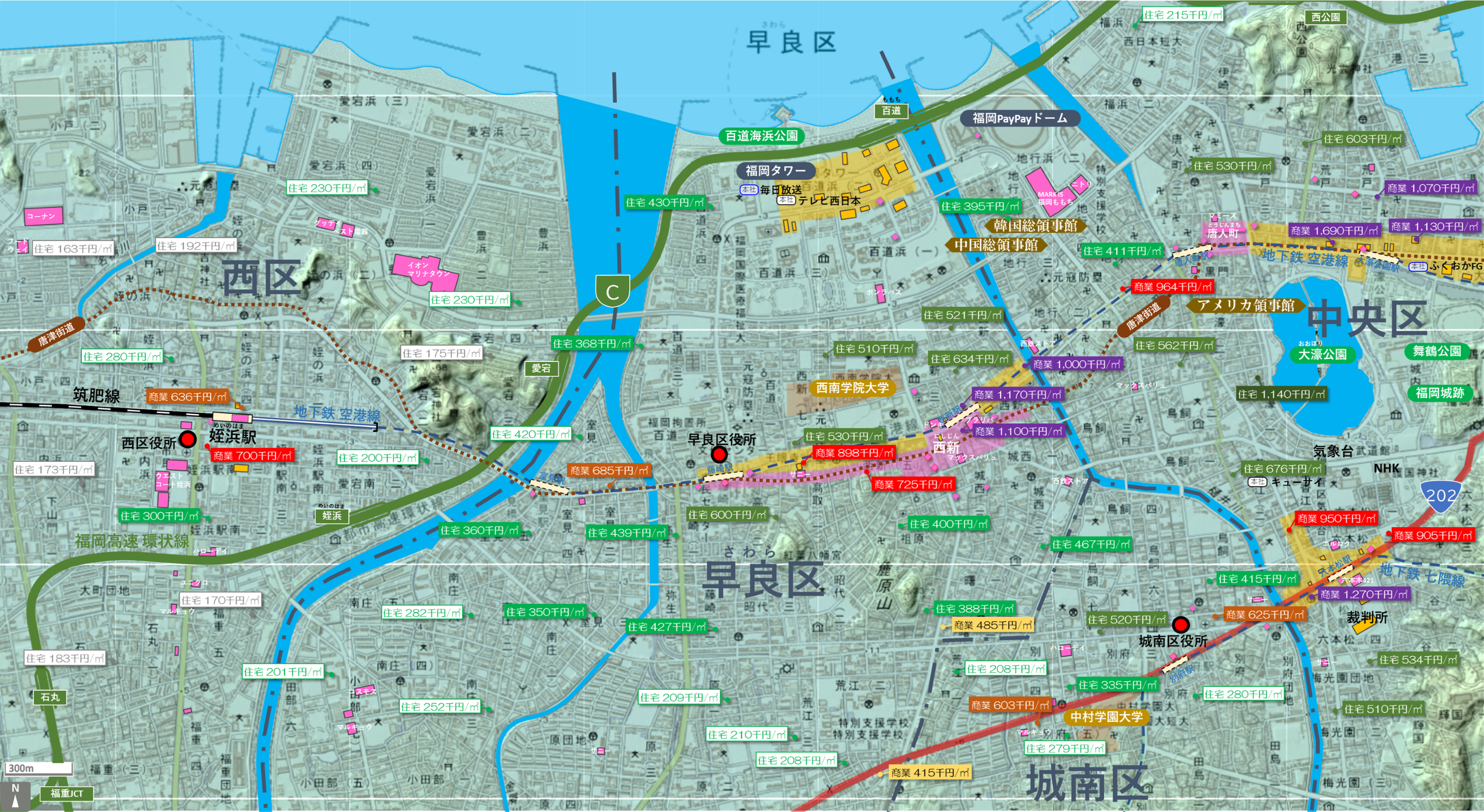 福岡西新のカタチ図 繁華街・ビジネス地区などを要約した地図