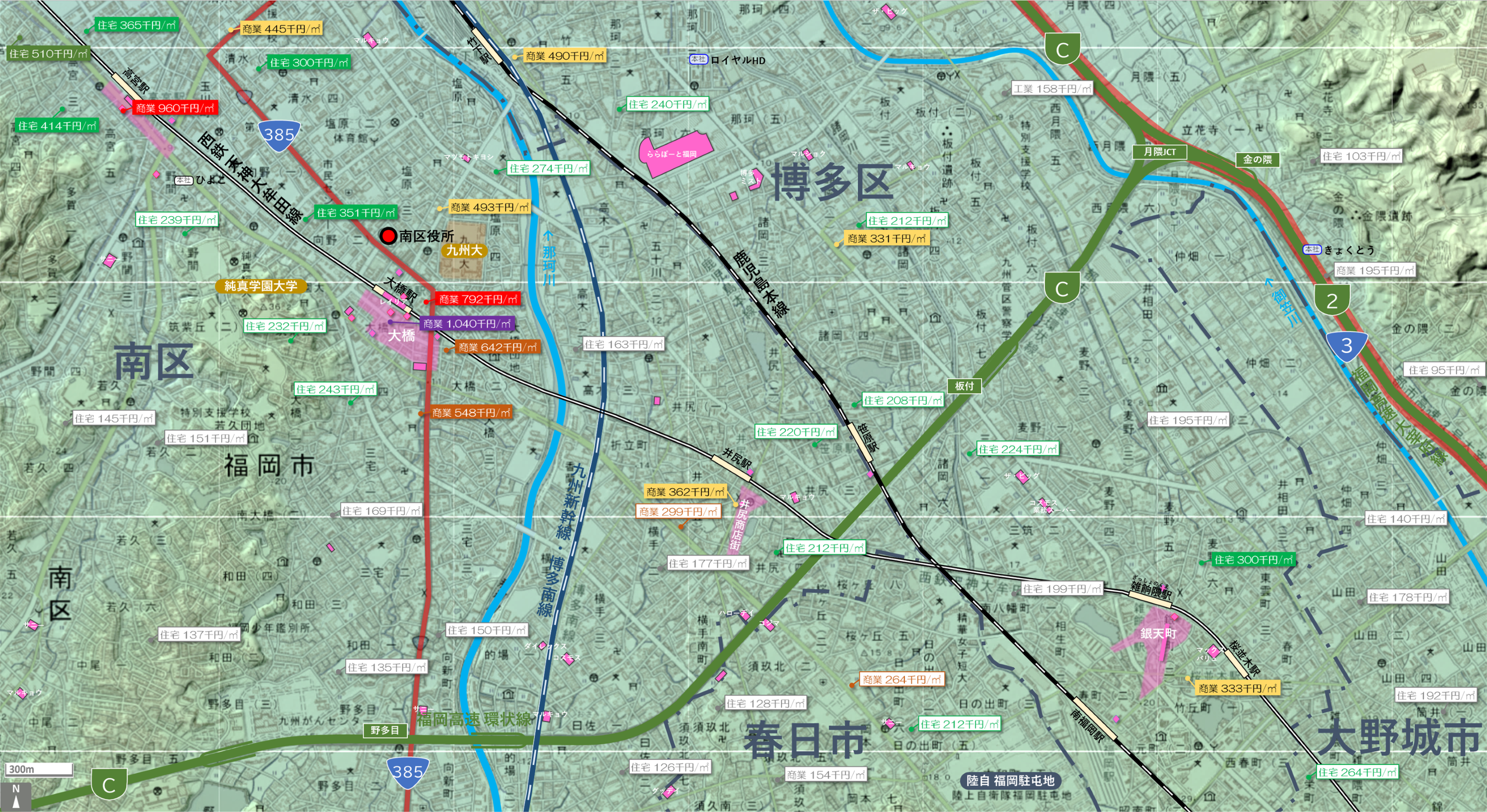 福岡大橋のカタチ図 繁華街・ビジネス地区などを要約した地図