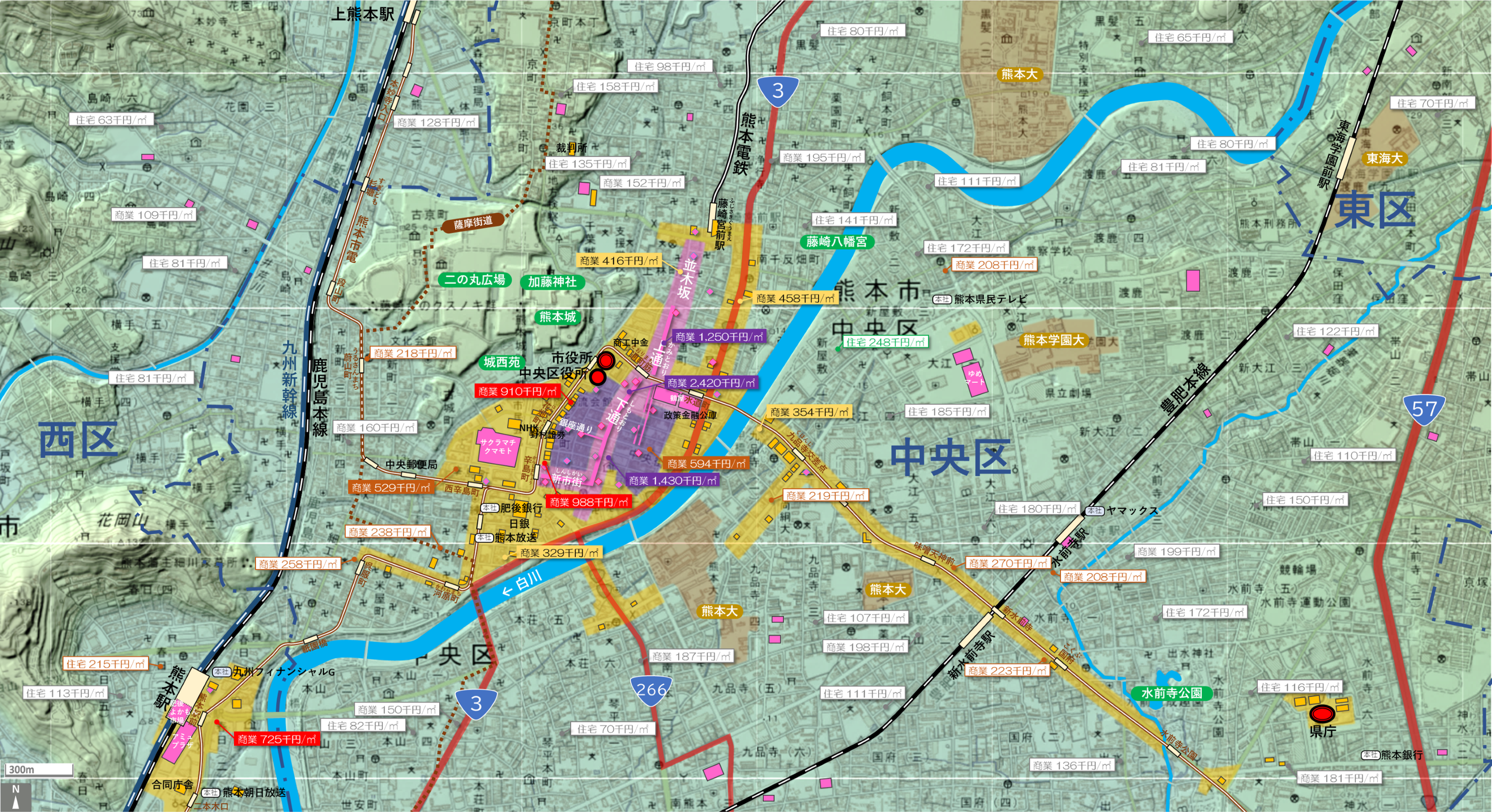 熊本中心部のカタチ図 繁華街・ビジネス地区などを要約した地図
