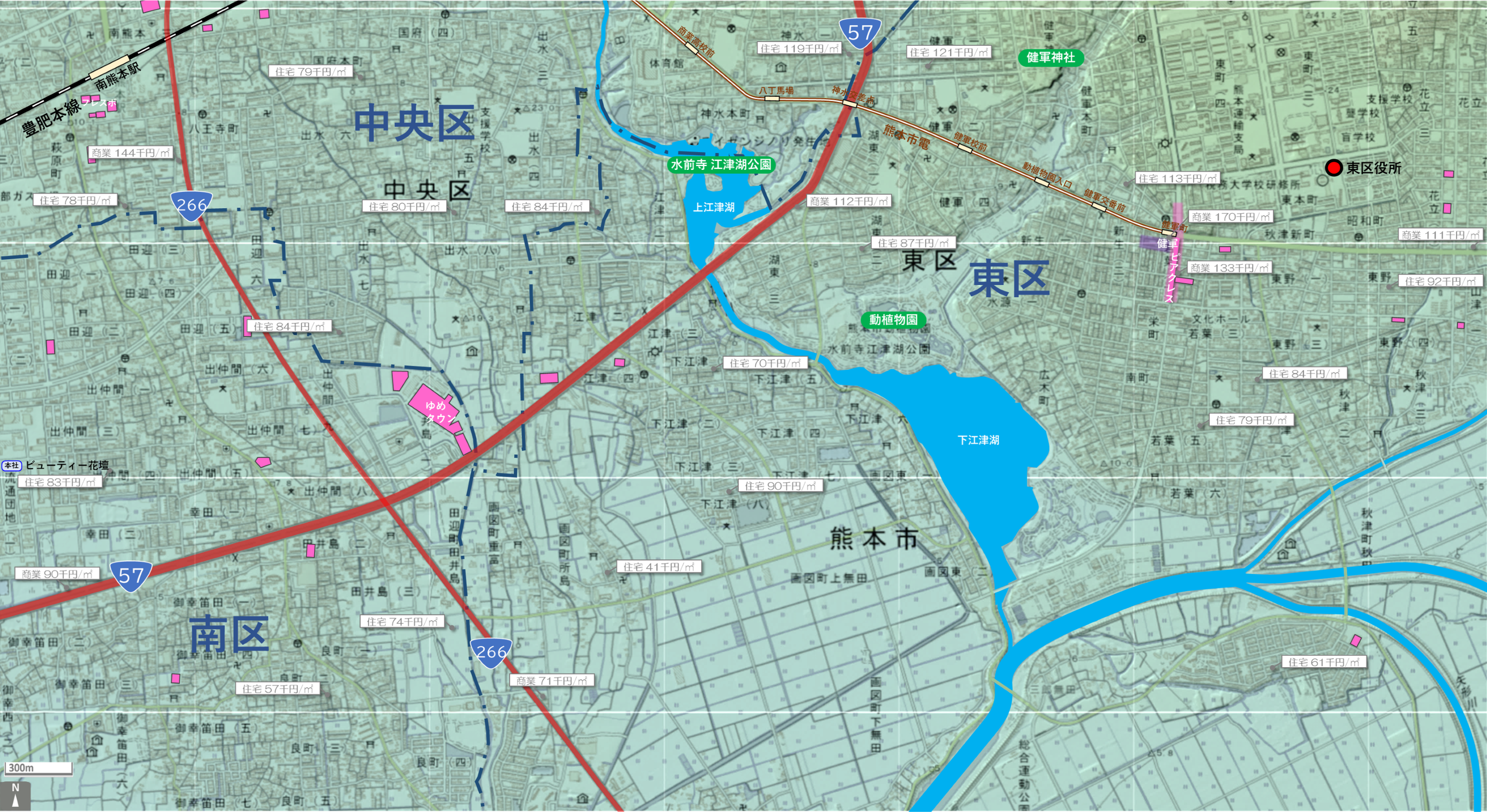 熊本健軍のカタチ図 繁華街・ビジネス地区などを要約した地図